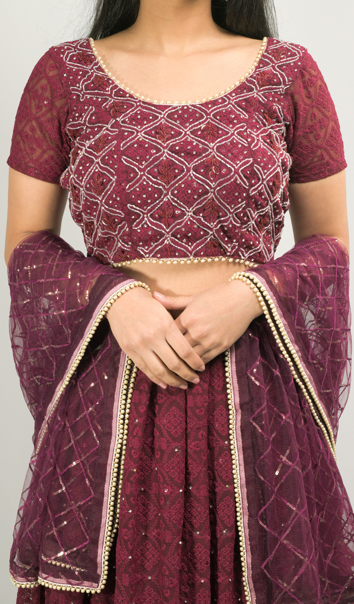 Maroon Lakhnavi Lehenga Choli Dupatta Set