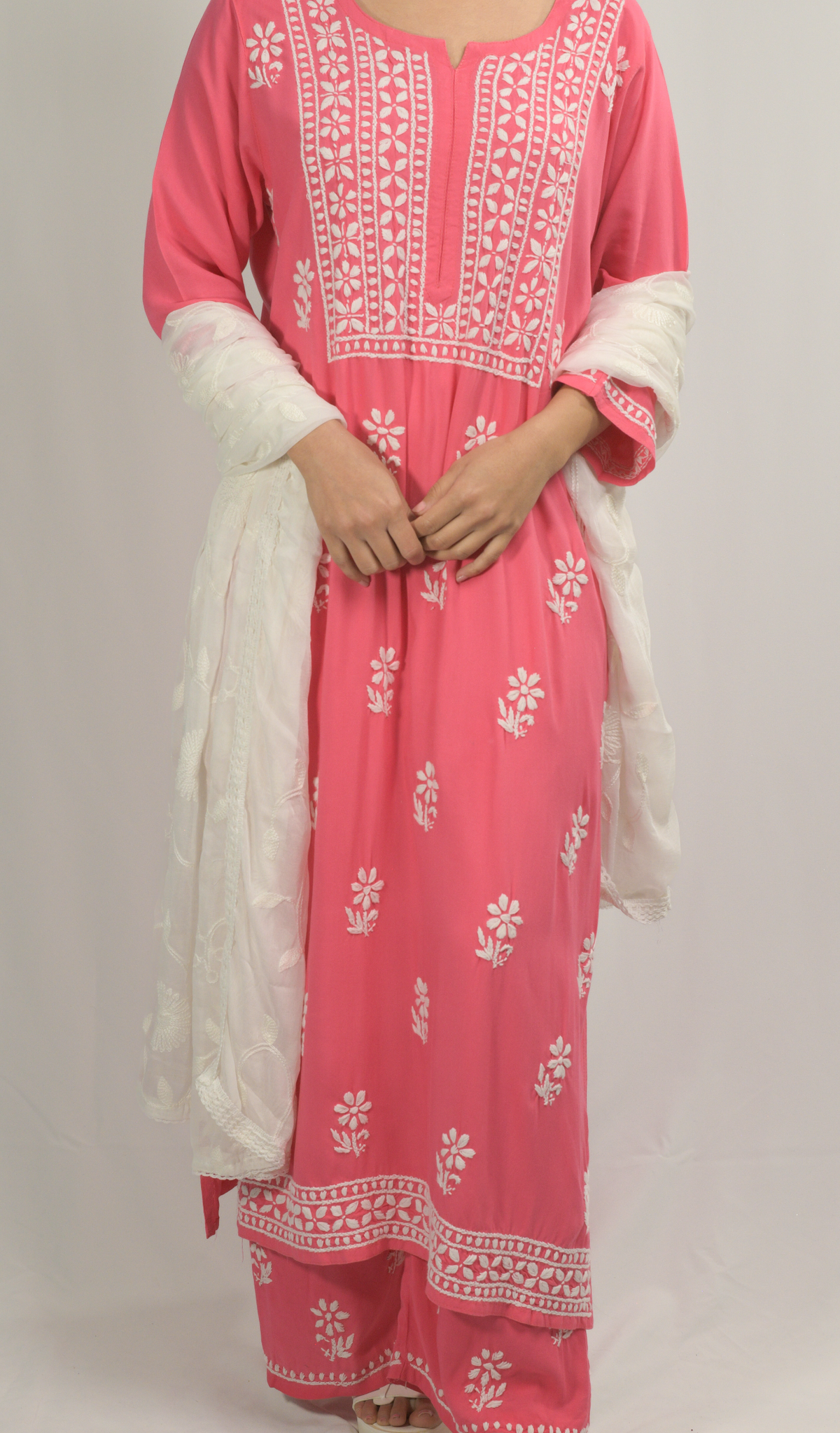 Rani-Pink Lakhnavi Chikankari Kurti Pant Dupatta set