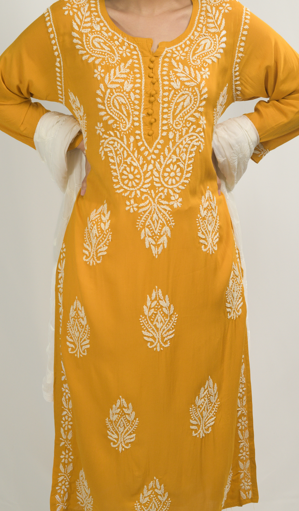 Yellow Lakhnavi Chikankari Kurti Pant Dupatta Set