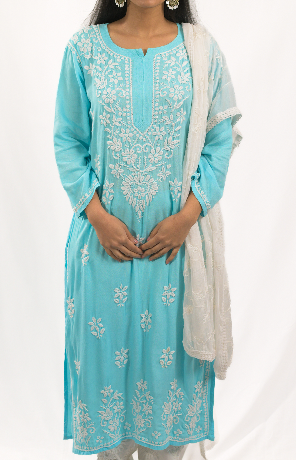 Blue Lakhnavi Chikankari Kurti Pant Dupatta Set