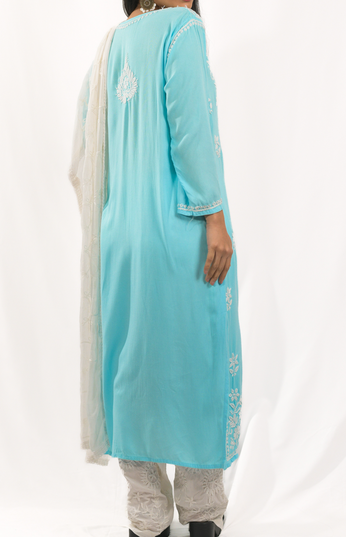 Blue Lakhnavi Chikankari Kurti Pant Dupatta Set