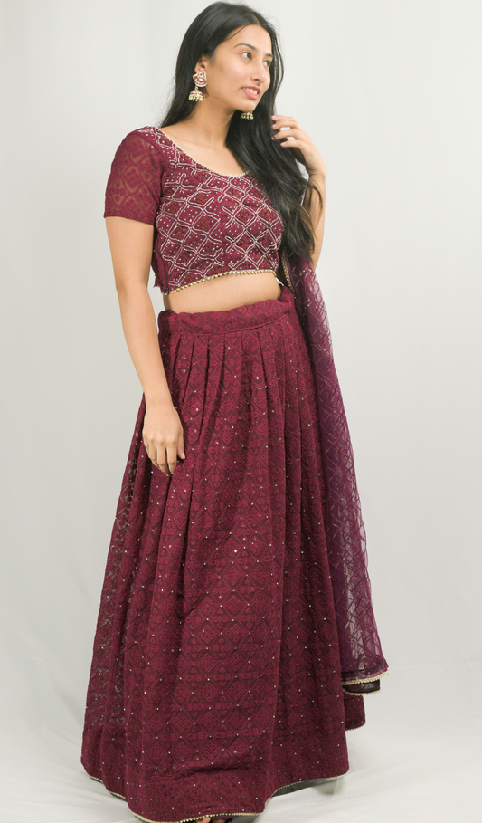 Maroon Lakhnavi Lehenga Choli Dupatta Set