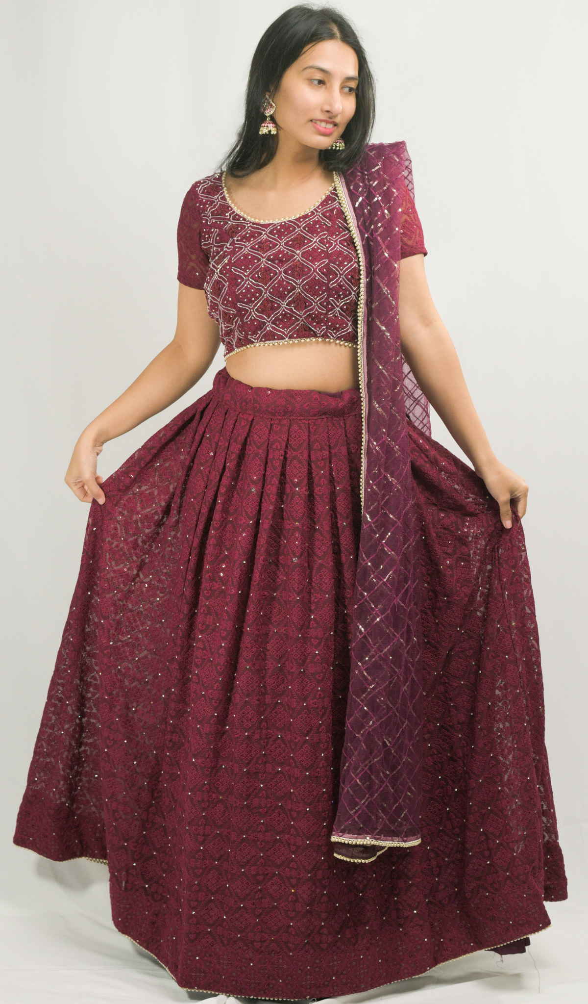 Maroon Lakhnavi Lehenga Choli Dupatta Set