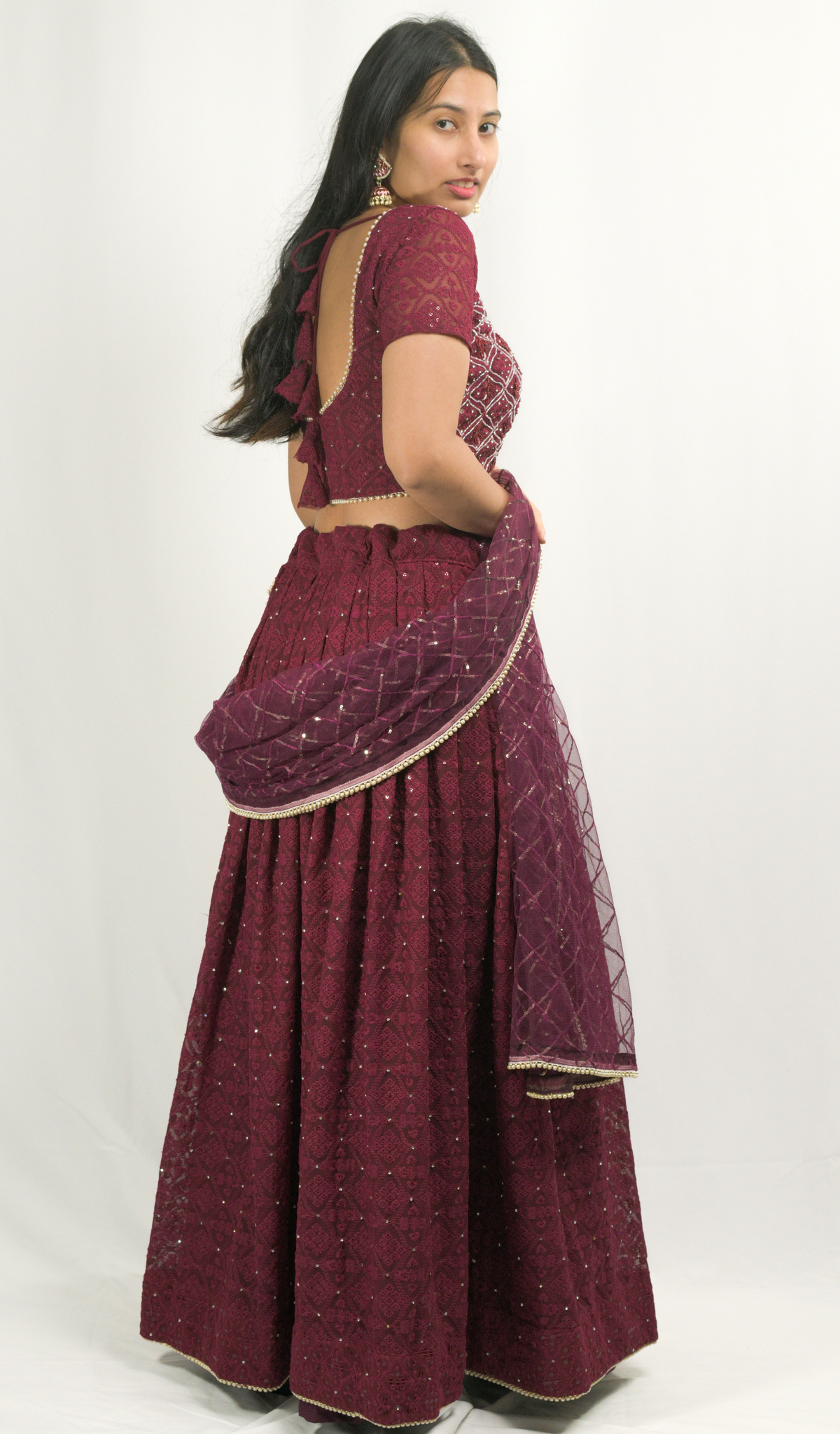Maroon Lakhnavi Lehenga Choli Dupatta Set