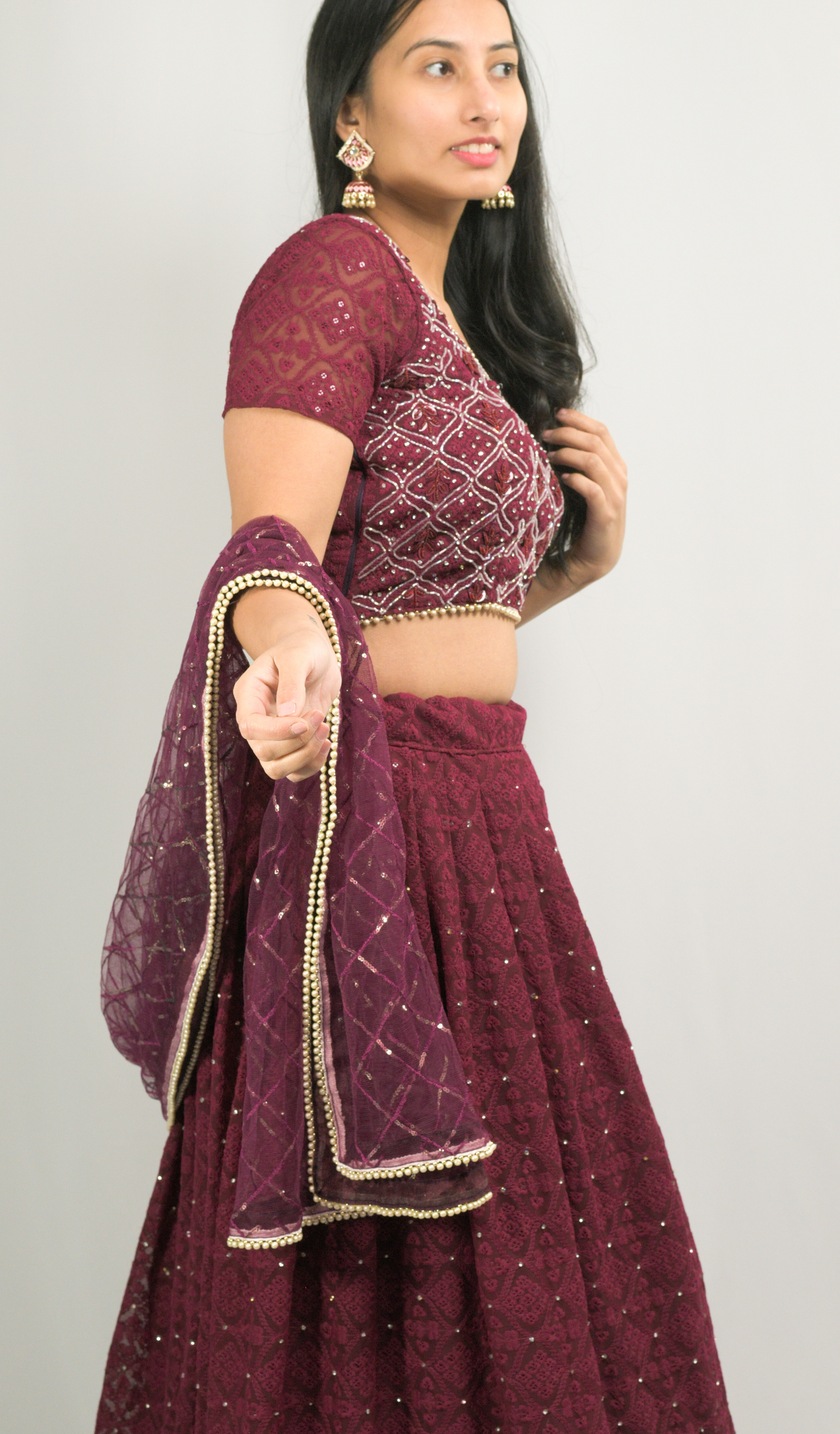 Maroon Lakhnavi Lehenga Choli Dupatta Set