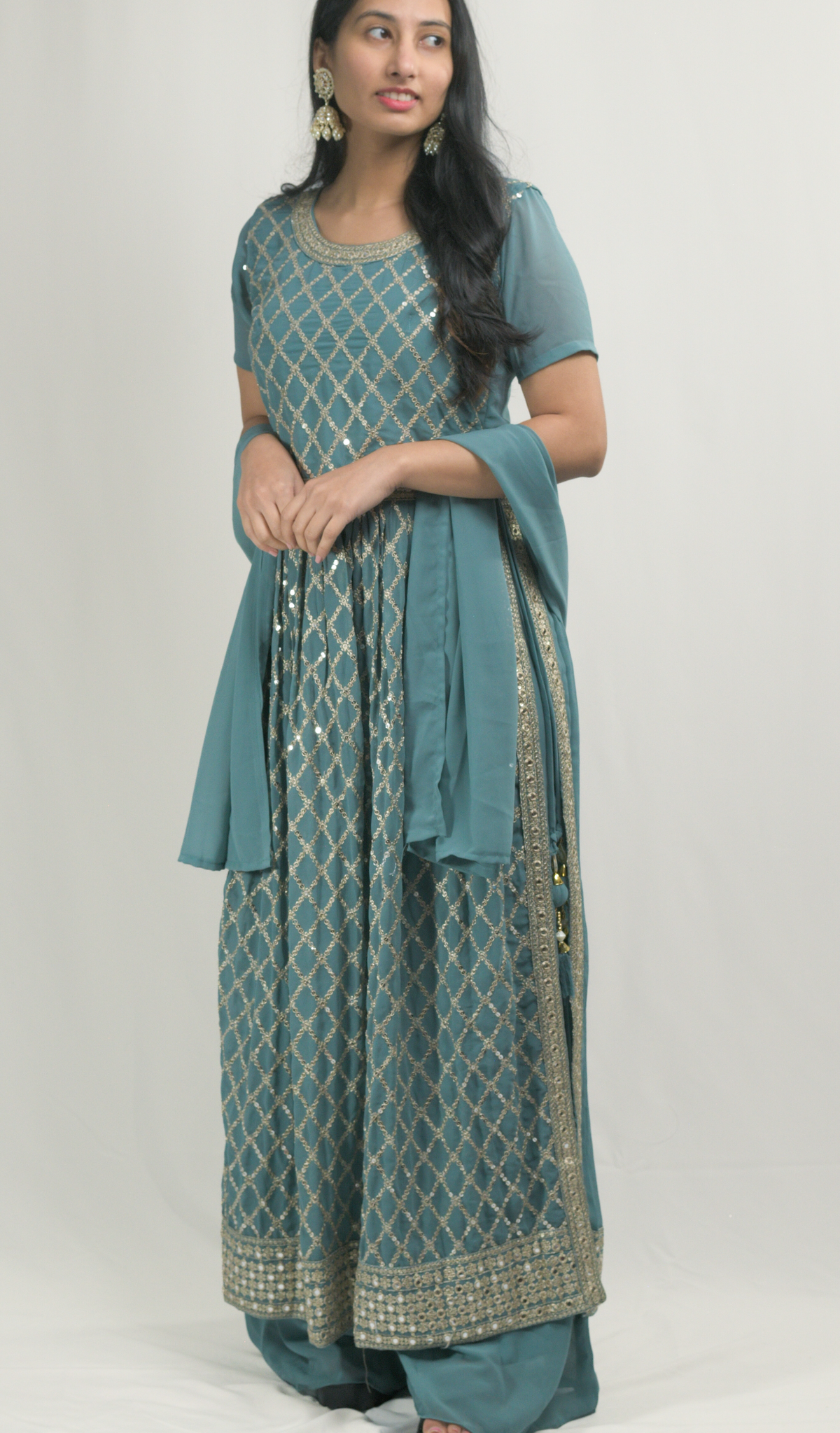 Blue-Grey Naira Cut Kurti with Palazzo Pant Set