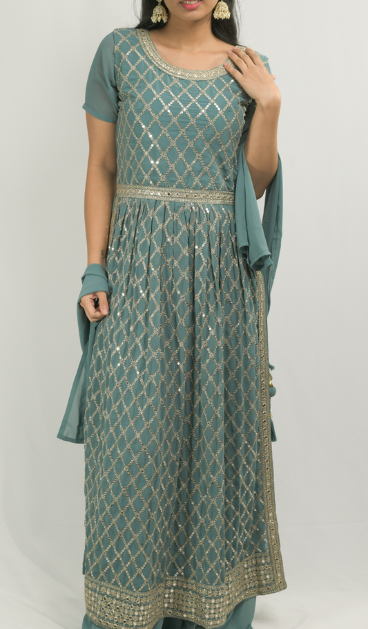Blue-Grey Naira Cut Kurti with Palazzo Pant Set