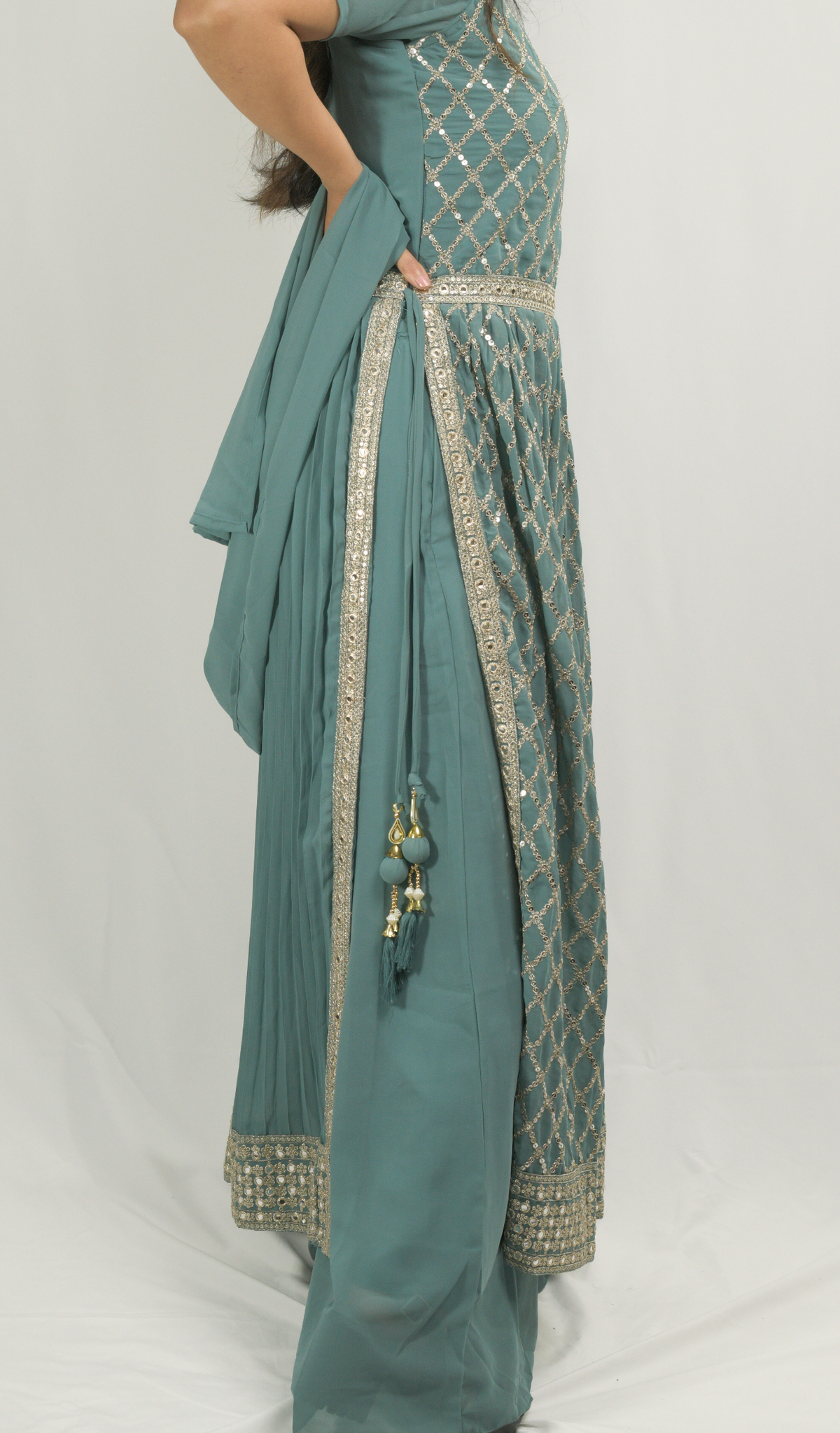 Blue-Grey Naira Cut Kurti with Palazzo Pant Set