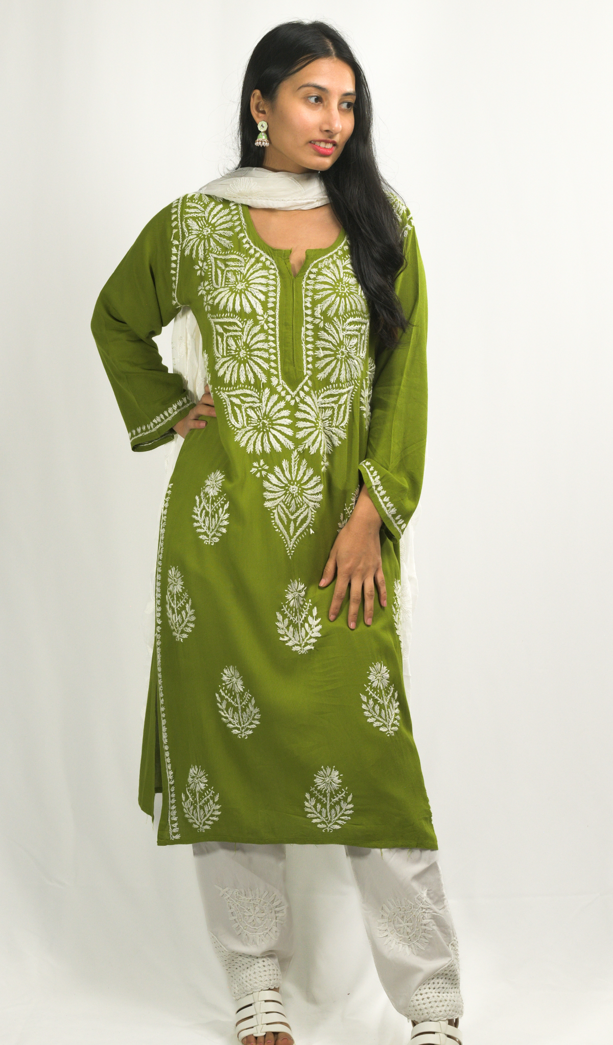 Dark Green Lakhnavi Chikankari Kurti Pant Dupatta Set