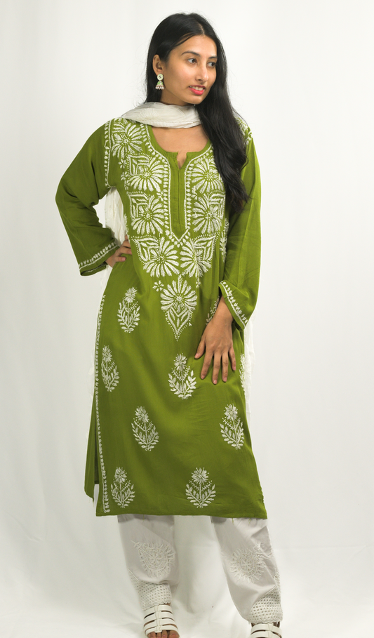 Dark Green Lakhnavi Chikankari Kurti Pant Dupatta Set