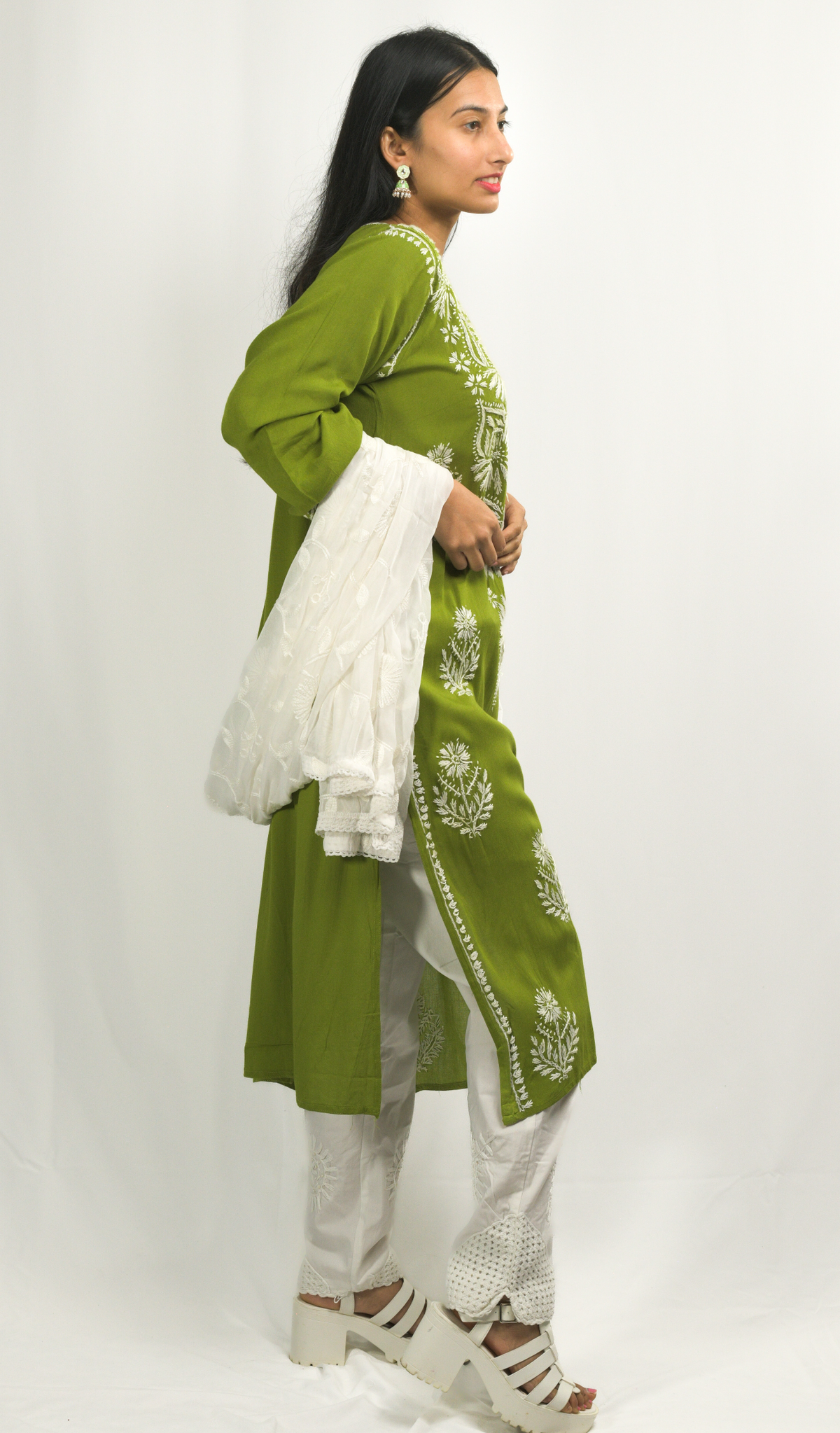Dark Green Lakhnavi Chikankari Kurti Pant Dupatta Set