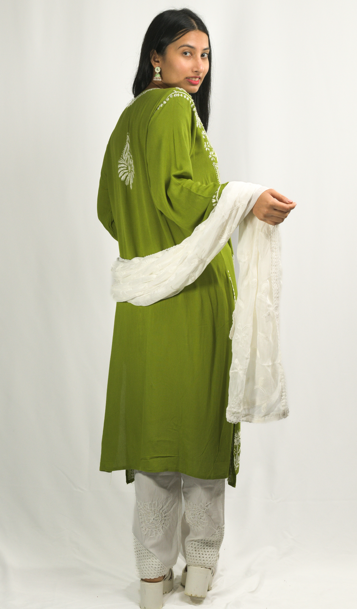 Dark Green Lakhnavi Chikankari Kurti Pant Dupatta Set