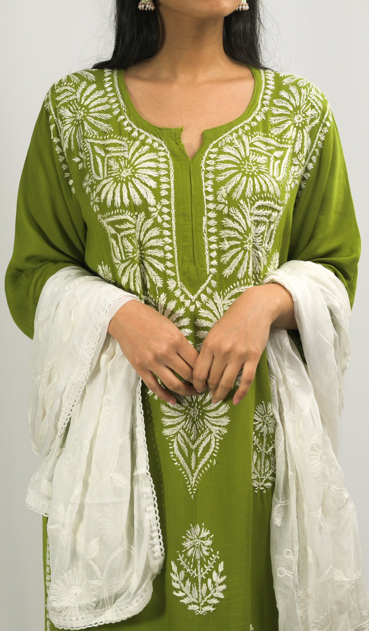 Dark Green Lakhnavi Chikankari Kurti Pant Dupatta Set