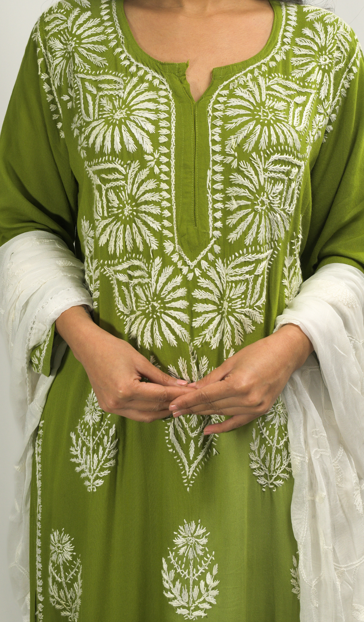 Dark Green Lakhnavi Chikankari Kurti Pant Dupatta Set