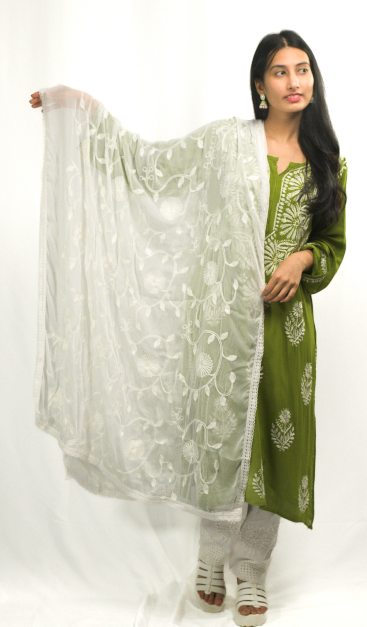 Dark Green Lakhnavi Chikankari Kurti Pant Dupatta Set