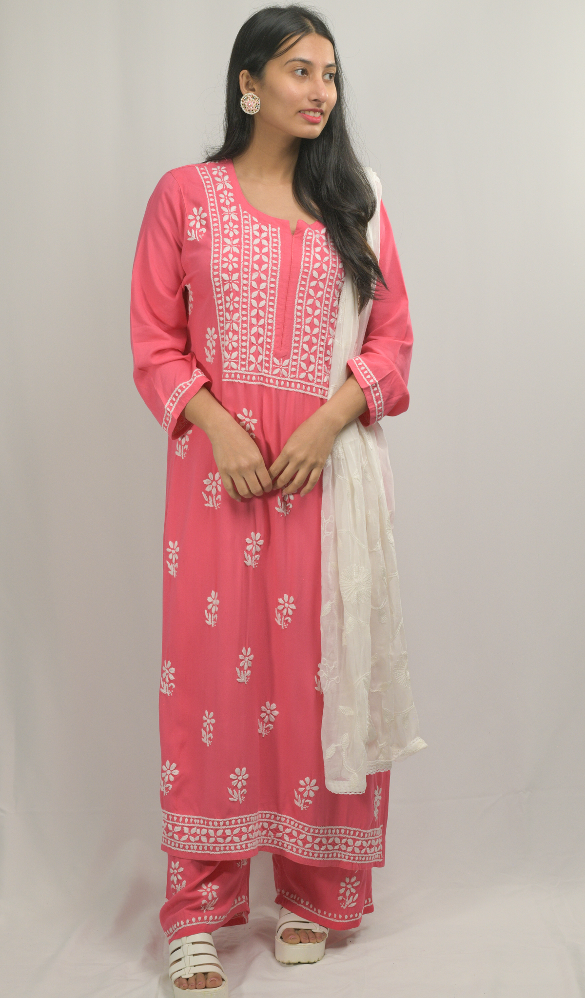 Rani-Pink Lakhnavi Chikankari Kurti Pant Dupatta set
