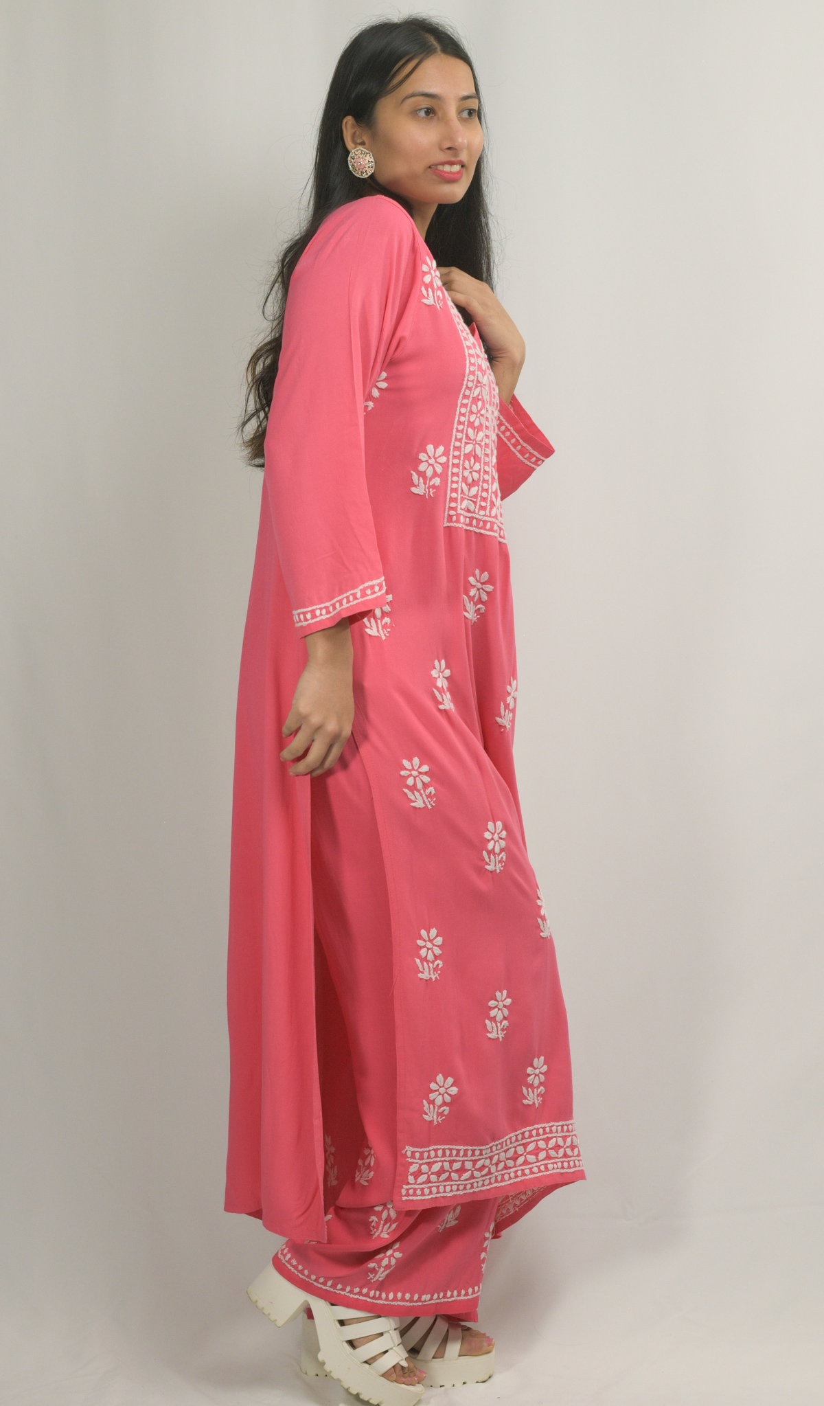 Rani-Pink Lakhnavi Chikankari Kurti Pant Dupatta set