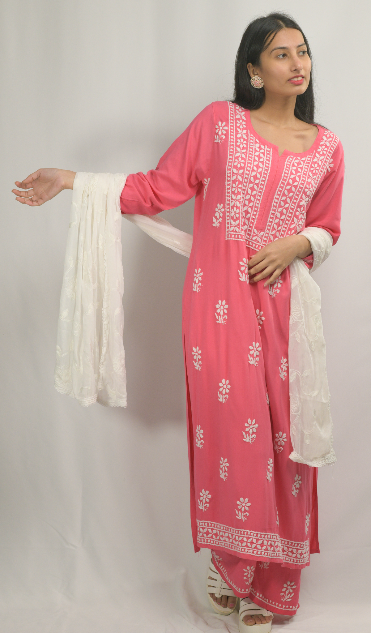 Rani-Pink Lakhnavi Chikankari Kurti Pant Dupatta set