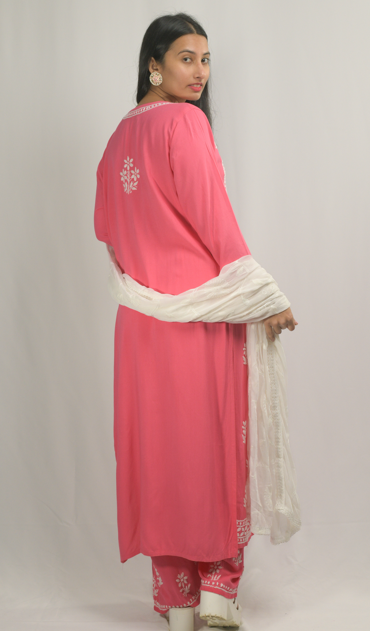 Rani-Pink Lakhnavi Chikankari Kurti Pant Dupatta set