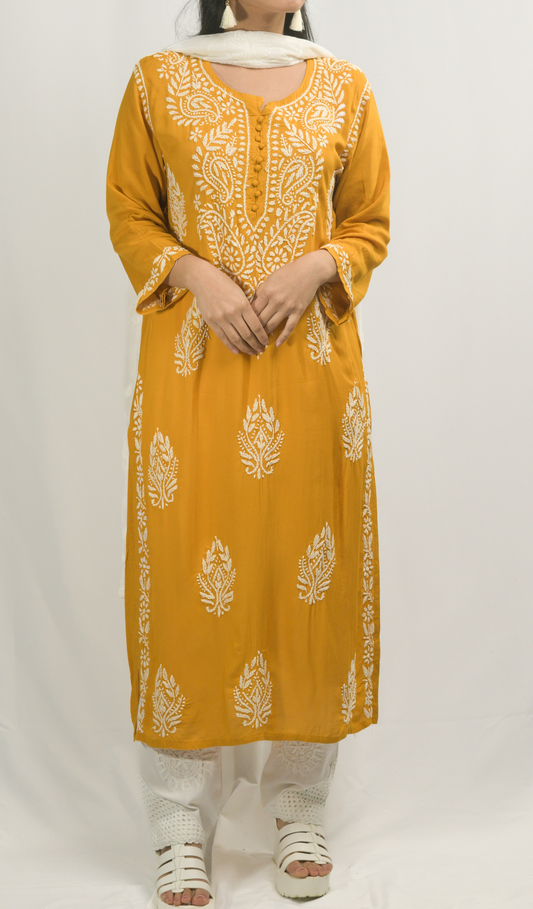 Yellow Lakhnavi Chikankari Kurti Pant Dupatta Set