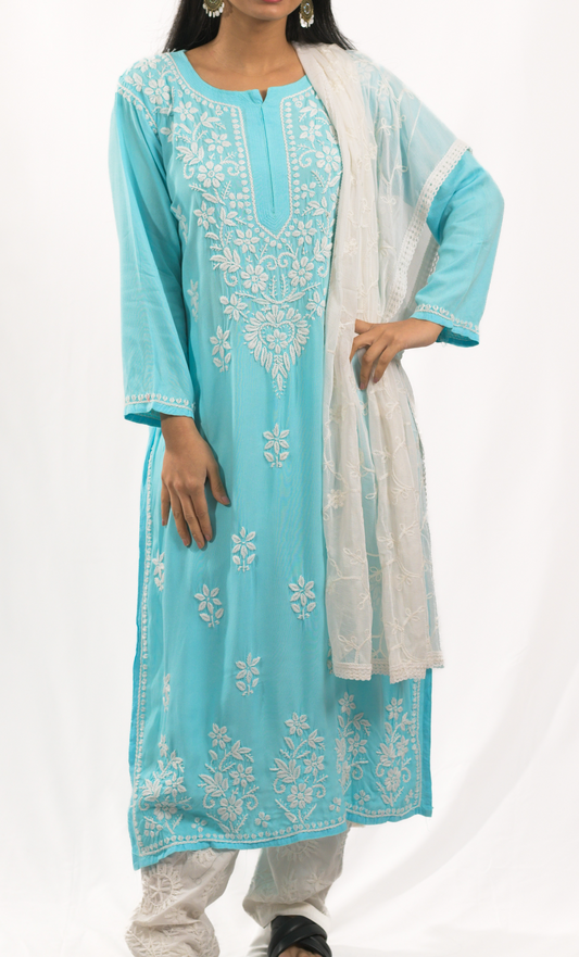 Blue Lakhnavi Chikankari Kurti Pant Dupatta Set