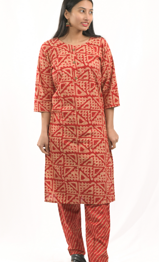 Red Geometric Kurti 2 piece Set