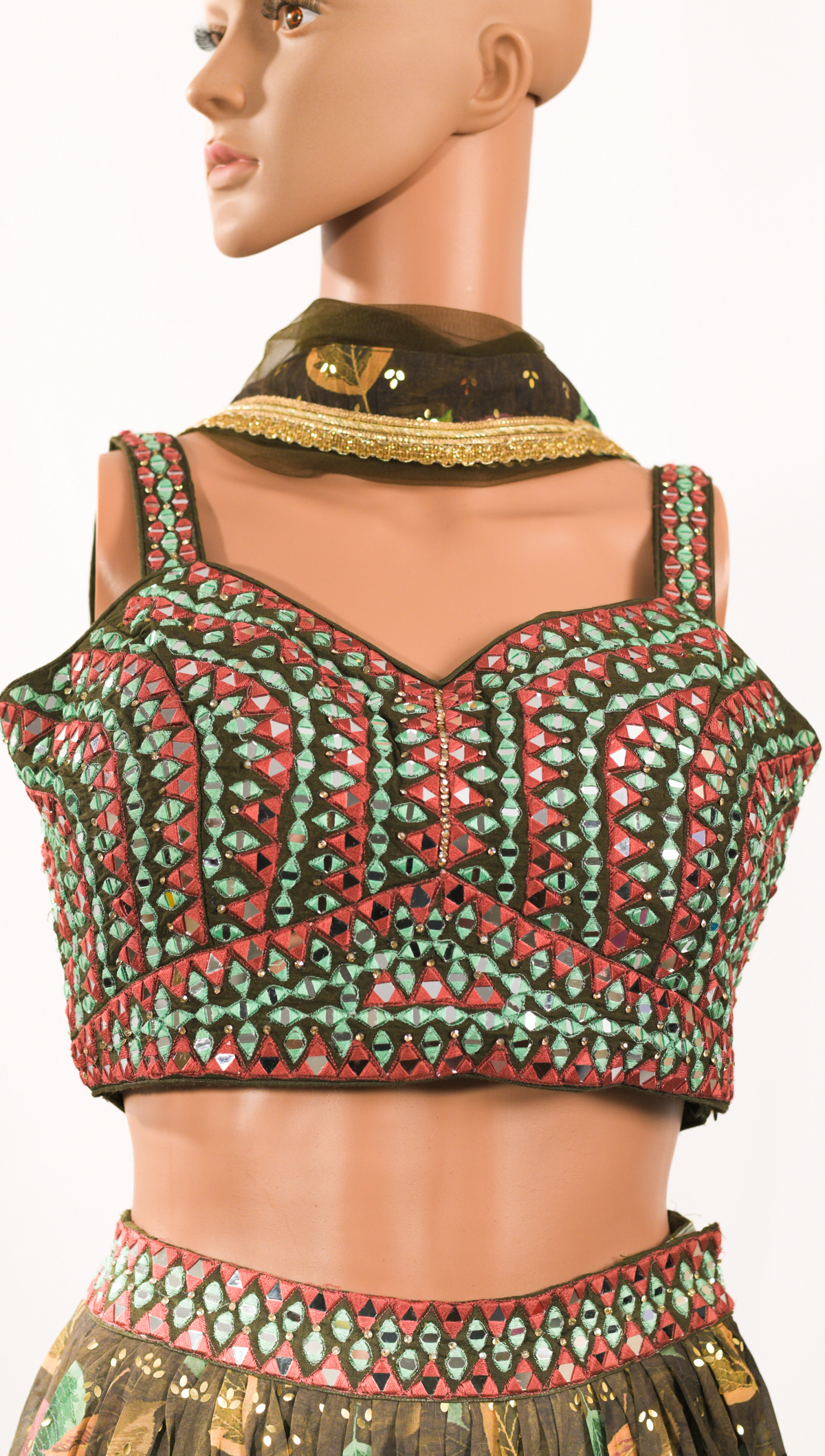 Green Floral with Mirror Work Blouse, Dupatta Set