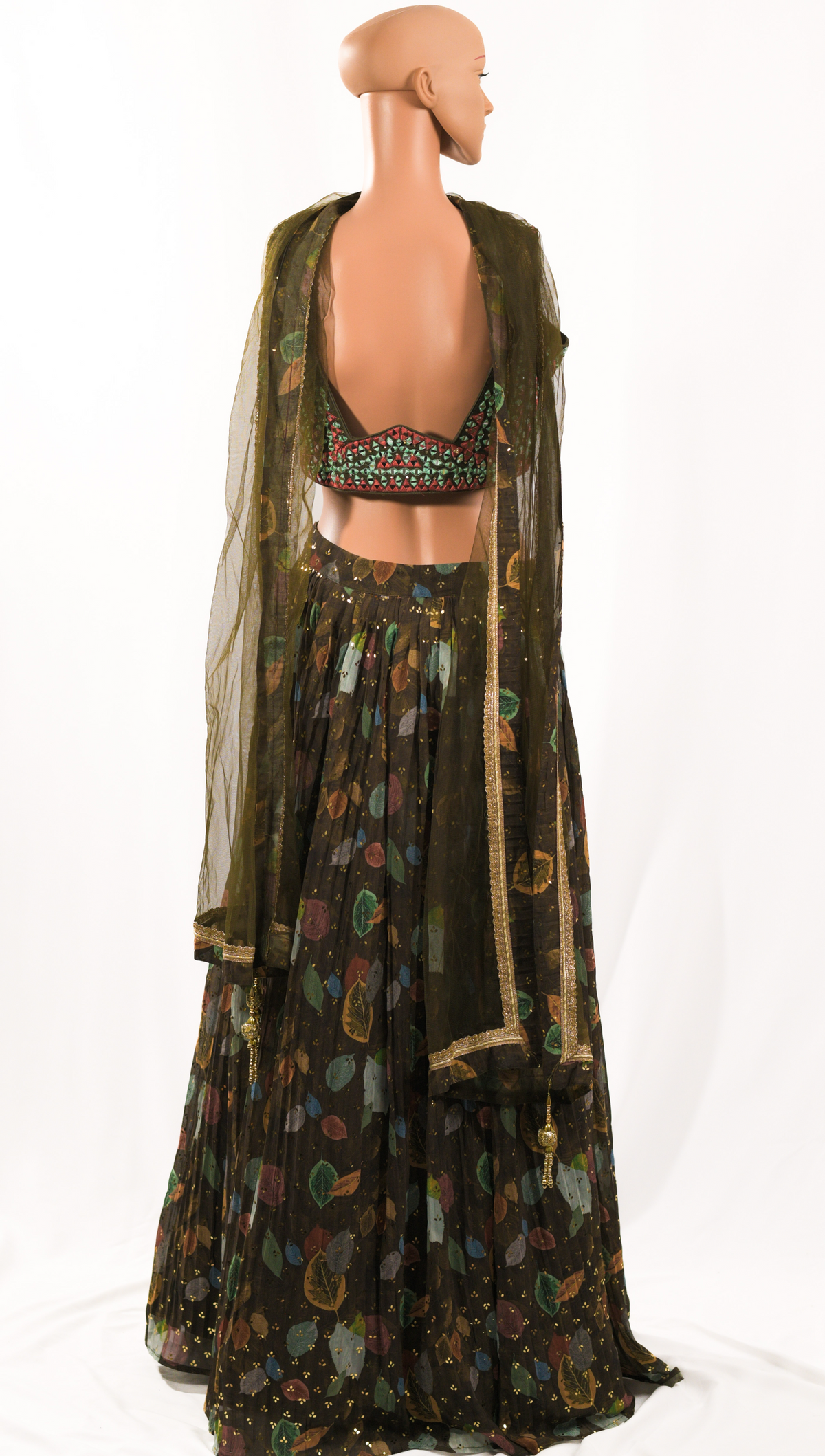 Green Floral with Mirror Work Blouse, Dupatta Set