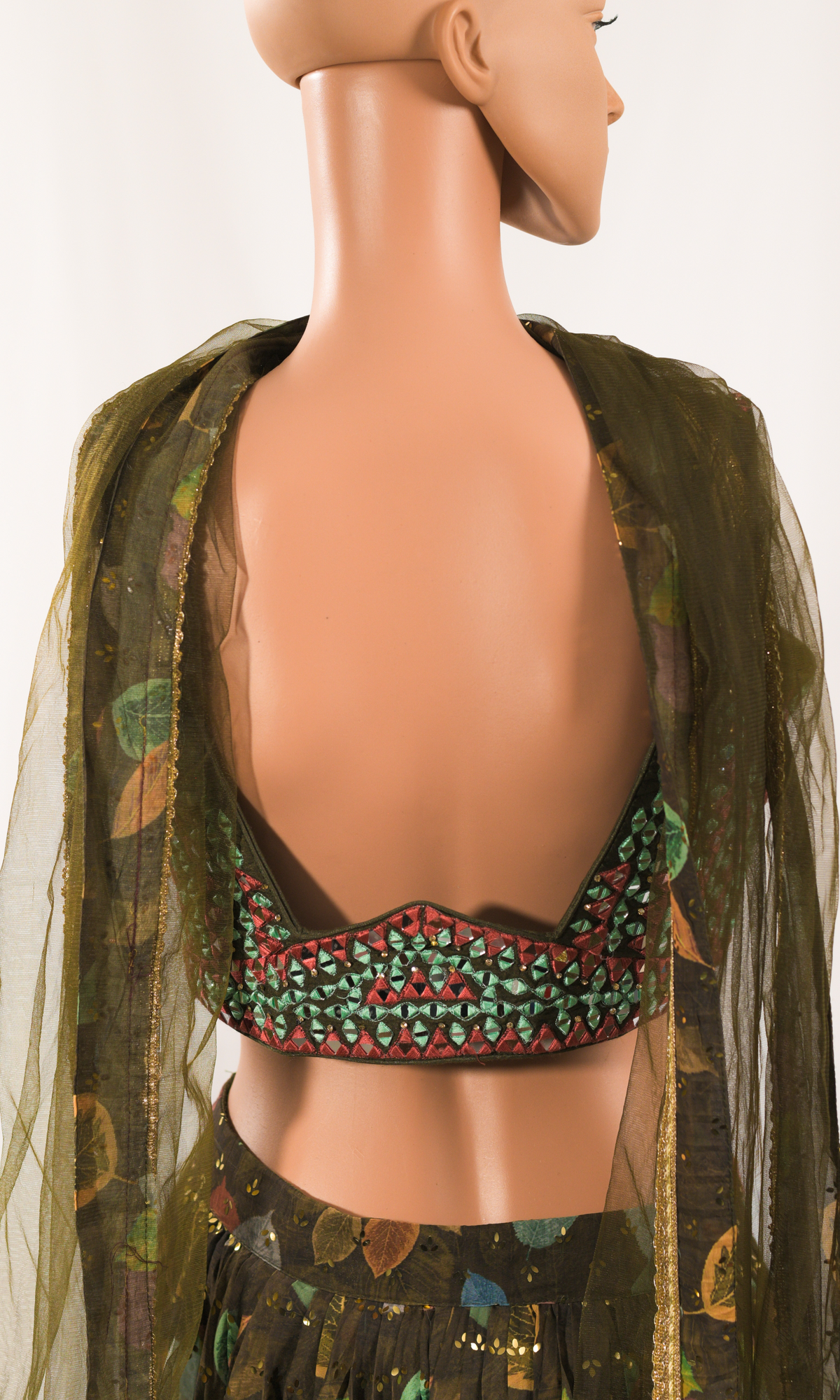 Green Floral with Mirror Work Blouse, Dupatta Set
