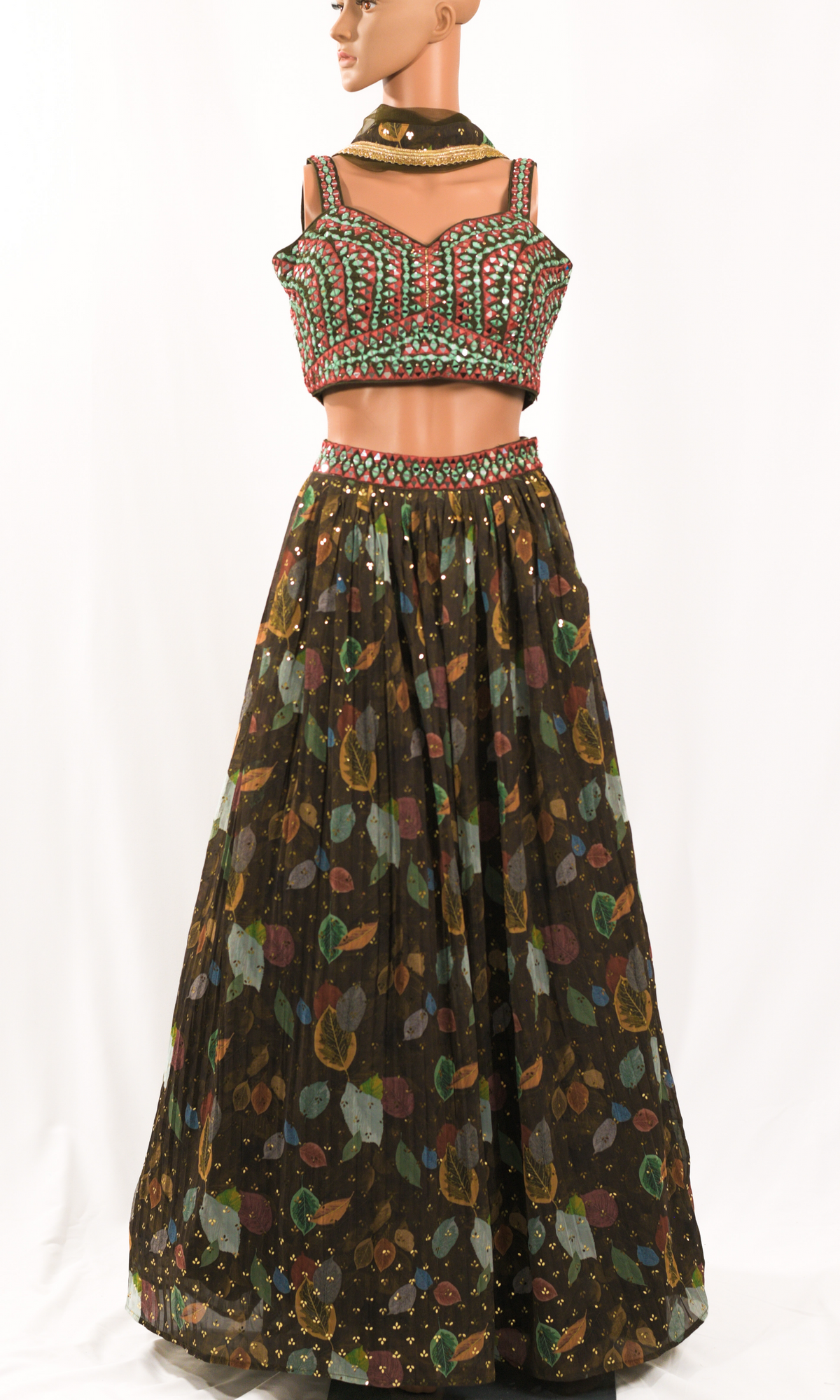 Green Floral with Mirror Work Blouse, Dupatta Set